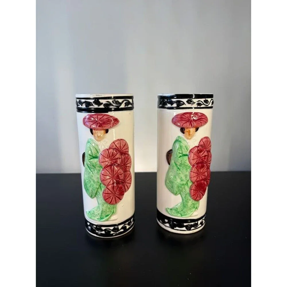 Orchids of Hawaii Tiki Mugs Pair Japan R-98 Geisha Parasol Fuku Character